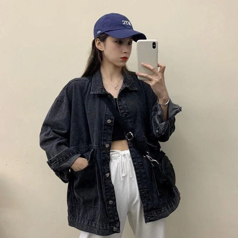 🍒Womens denim Jacket long sleeve Jeans jacket with big pockets  Bf unisex buttoned outerwear casual clothing Do Your Day Denim