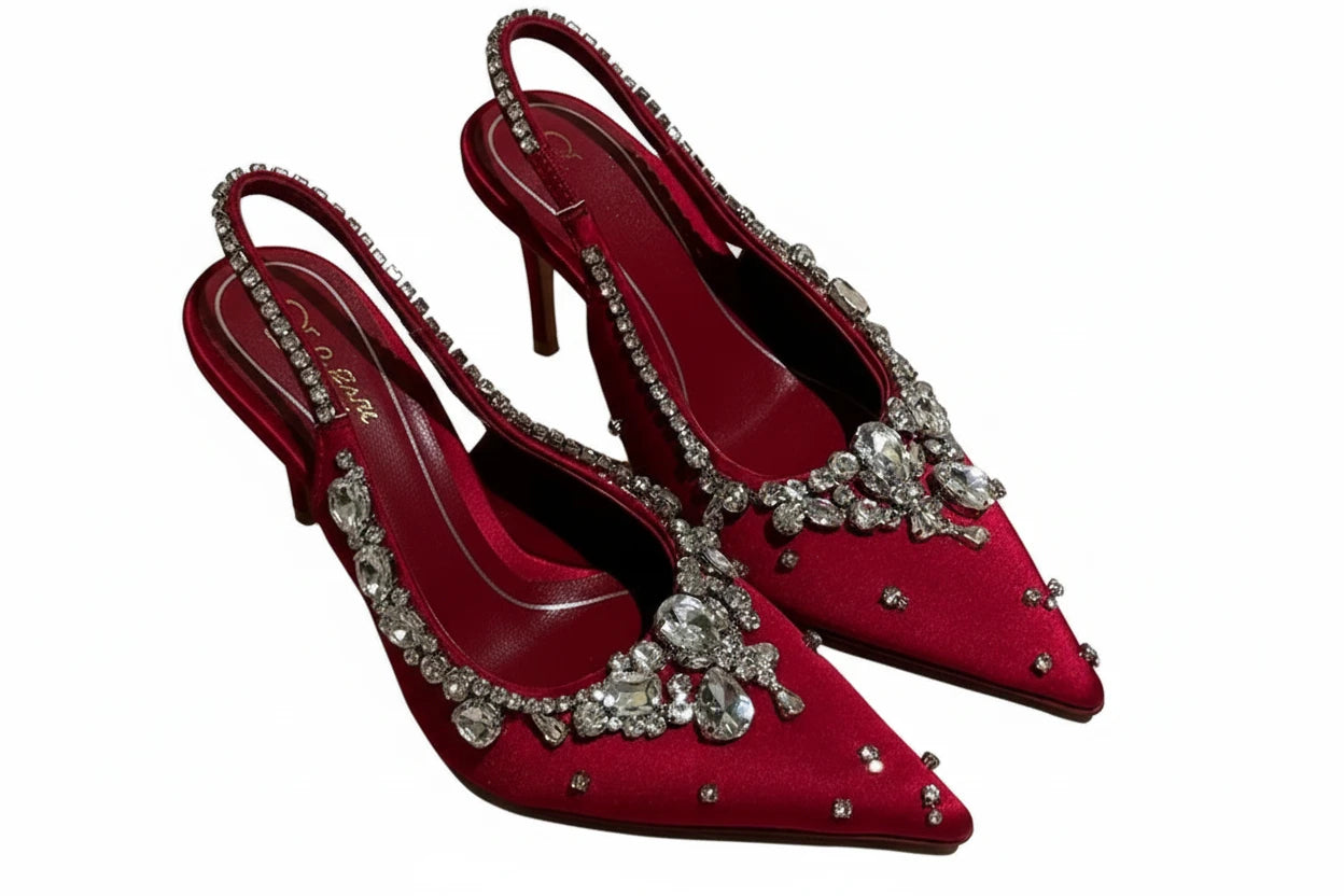 🍒Diamond satin slingback heels womens pointed toe pumps elegant stiletto high heels occasion shoes wedding party dress shoes 'Whine In Your Wines