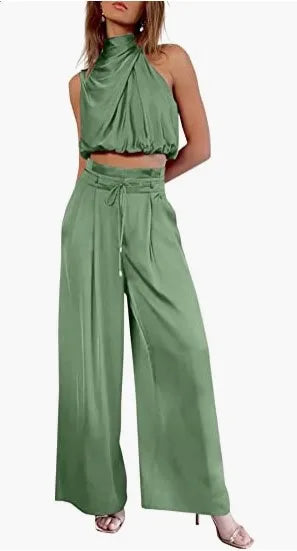 🍒Two piece pant sets for women open navel outfit silky sleeveless tops and wide leg trousers smart casual clothing summer fashion wear club wear party occasion wear 2 piece Sets pop this CROP and get SET for WIDE approval