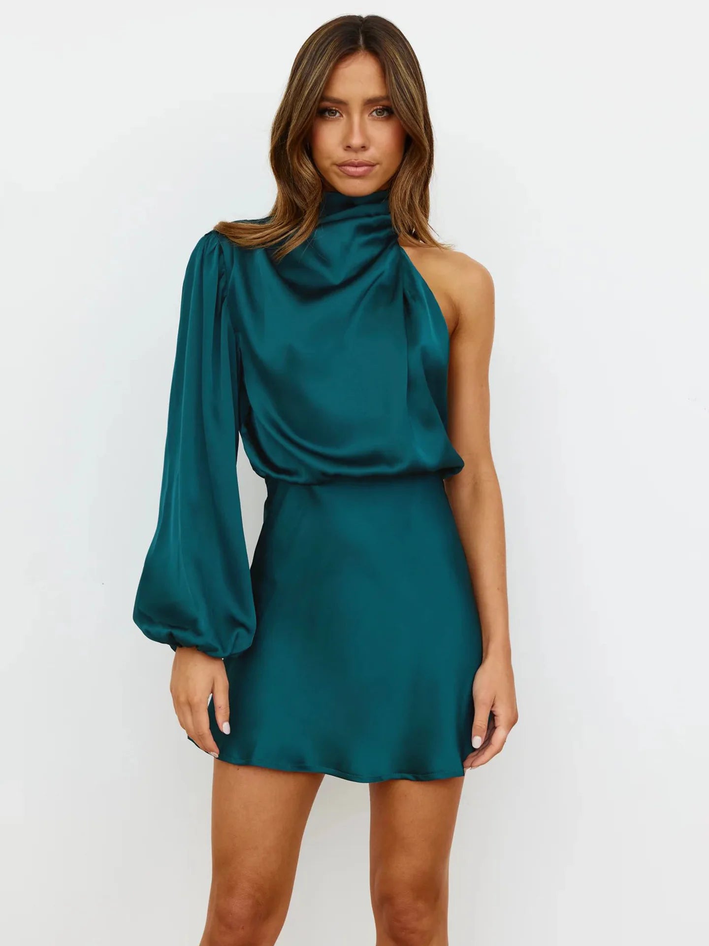 🍒One sleeve satin dress with chocker neckline summer evening party outfits for women feminine clothing