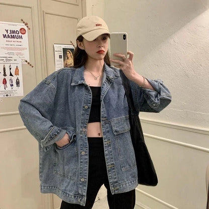 🍒Womens denim Jacket long sleeve Jeans jacket with big pockets  Bf unisex buttoned outerwear casual clothing Do Your Day Denim