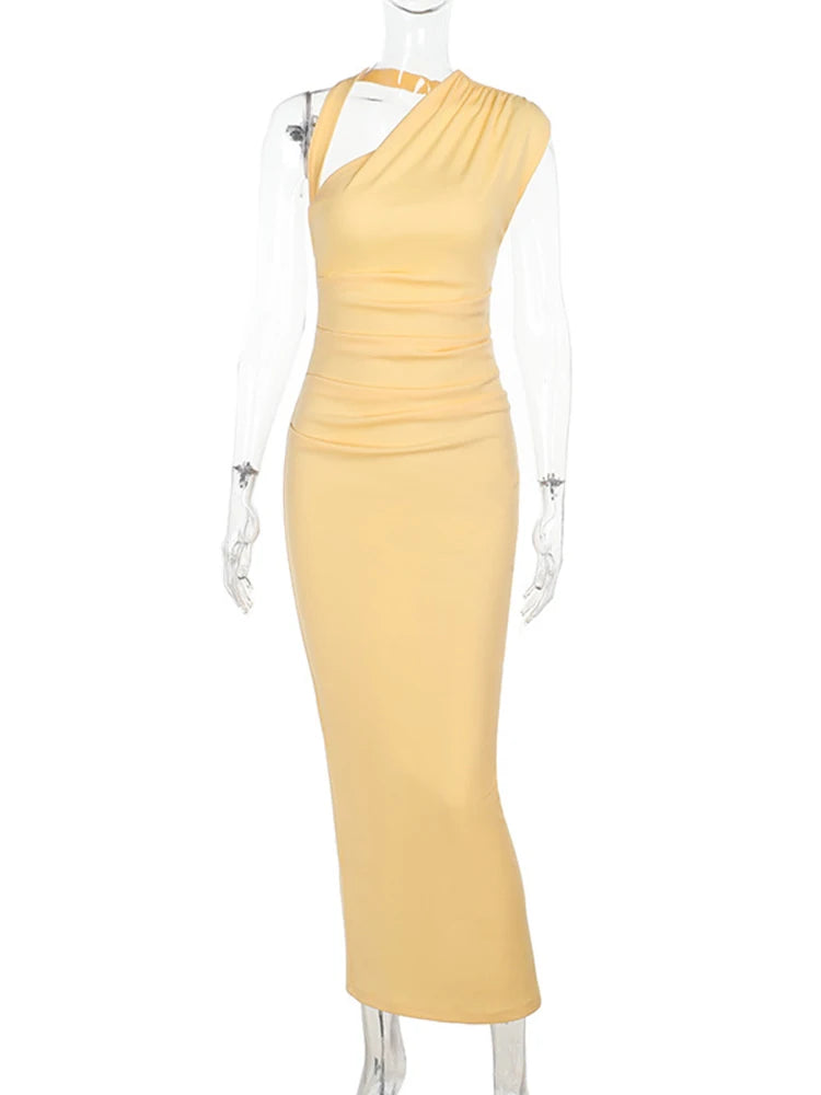 🍒Slanted neckline dress halter long dress female summer fashion ruched backless dress bodycon with back slit women's holiday party dress