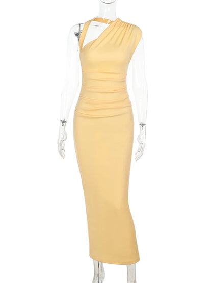 🍒Slanted neckline dress halter long dress female summer fashion ruched backless dress bodycon with back slit women's holiday party dress