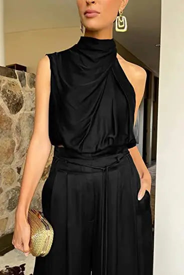 🍒Two piece pant sets for women open navel outfit silky sleeveless tops and wide leg trousers smart casual clothing summer fashion wear club wear party occasion wear 2 piece Sets pop this CROP and get SET for WIDE approval