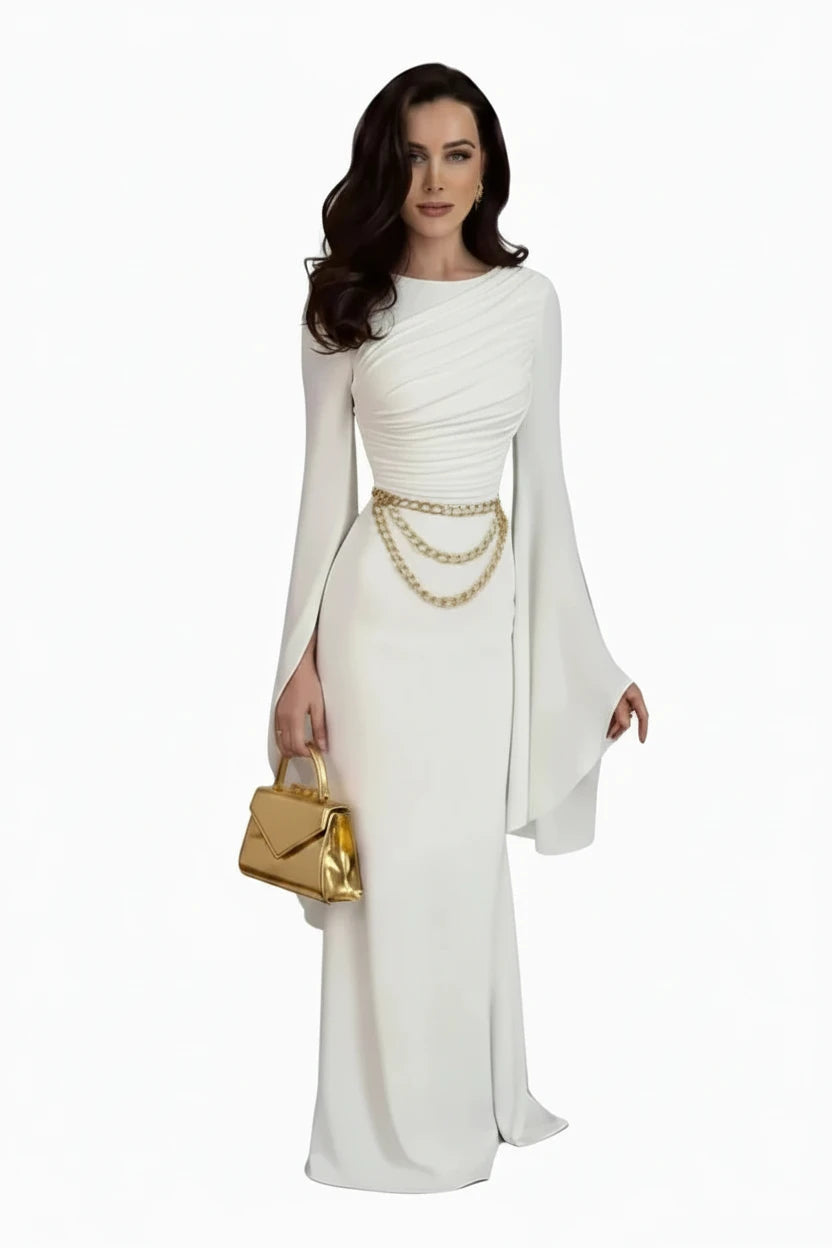 🍒Chiffon gown for women solid dress o-neck slim elegant evening wear bell sleeve high Waist outfit pleats long party occasion wear No Need To Ring For This Bell