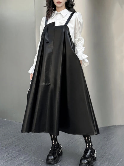 🍒Black faux leather dress big swing size midi spaghetti strap square neck outfit pu shiny with seeveless occasion party wear clothing smart casual women Black Swirly Pearl