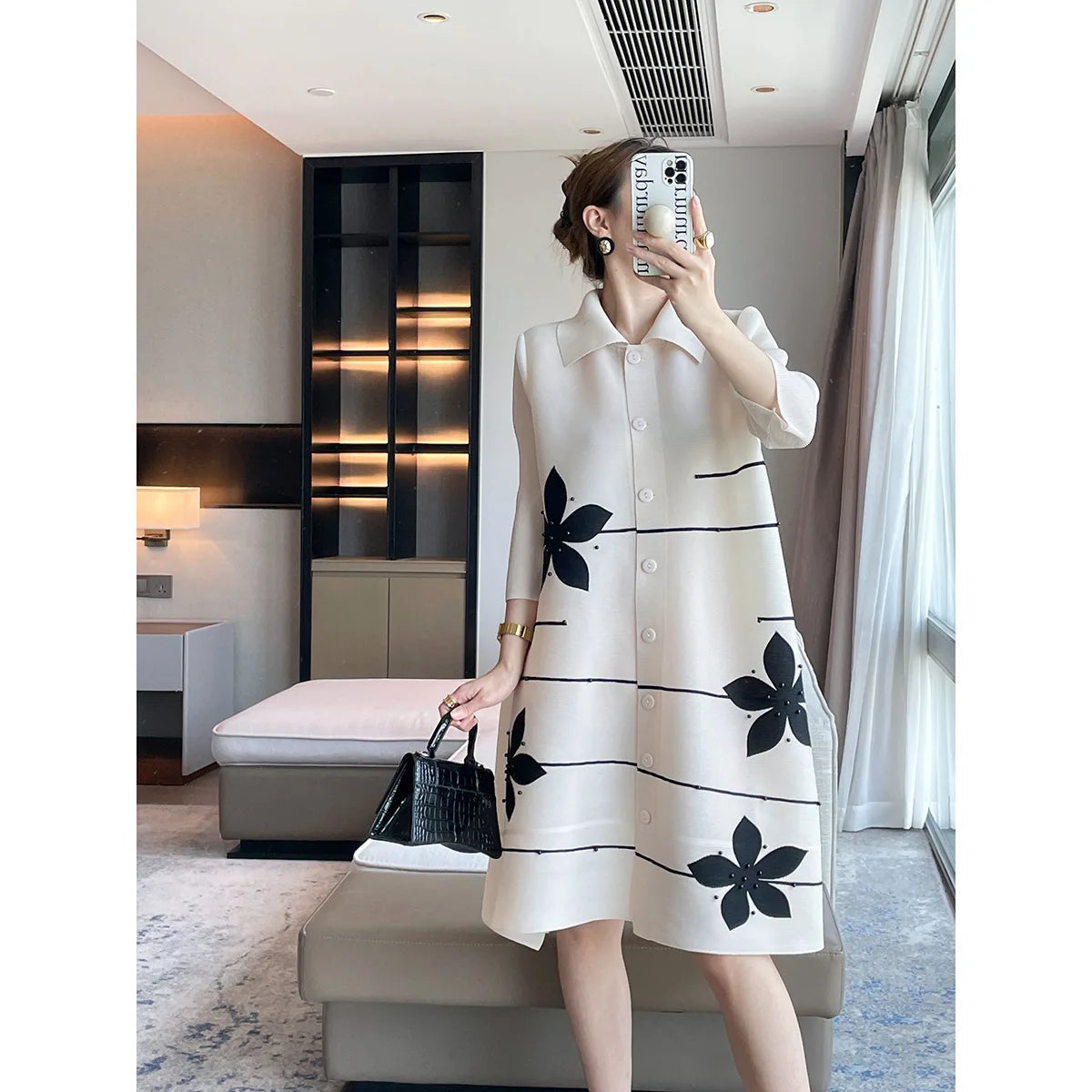 🍒Lapel dress colour blocking outfit beaded design coat dress for women elegant loose large size outfit spring autumn fashion women's over knee outfit