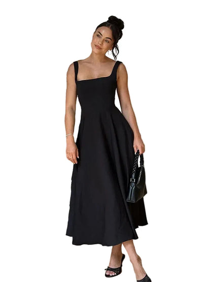 🍒Solid backless spaghetti strap dress women's summer fashion loose high waist a-line outfit summer holiday wear Back Black
