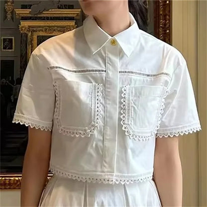 🍒Summer shirt for women smart casual wear beading short sleeve crop top button up shirt beach party wear summer party wear holiday clothes (matching skirt also available) White Their When You Need It
