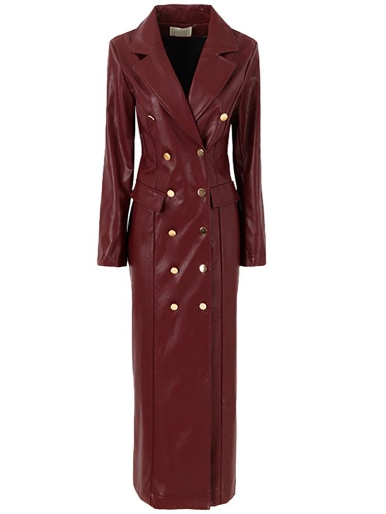 🍒Extra long faux leather trench coat for women double breasted luxury elegant long smart casual pu outerwear Keep aBREAST of DOUBLE take clothing