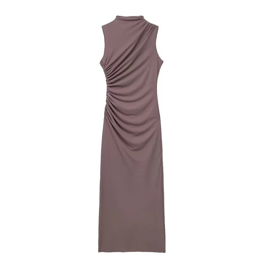 🍒Summer women's fashion solid colour ruched dress party occasion clothing midaxi outfit sleeveless