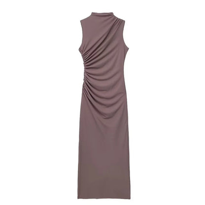 🍒Summer women's fashion solid colour ruched dress party occasion clothing midaxi outfit sleeveless