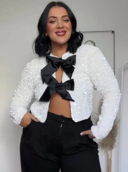 🍒Bow tie sequin dress for women long sleeve shiny mini dress female chic backless evening party dress with back bow crop sequin jacket long sleeve with satin bow front  occasion party wear