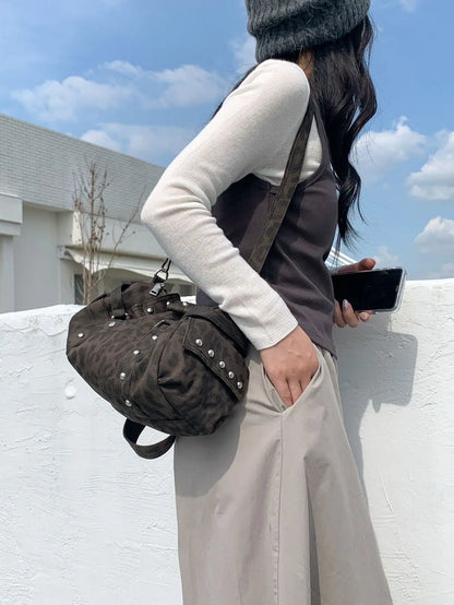 🍒Vintage leopard handbag rivet bag motorcycle barrel shaped crossbody bag boston casual female shoulder fashion totes  Jump On This Animal Its Barrels Of Fun