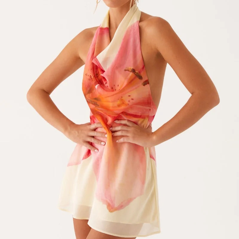 🍒Women's halter mini dress Y2k foral outfit backless short dress mesh fabric summer fashion for women party occasion wear beachwear vacation clothing Look Big Floral