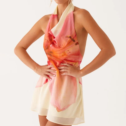 🍒Women's halter mini dress Y2k foral outfit backless short dress mesh fabric summer fashion for women party occasion wear beachwear vacation clothing Look Big Floral