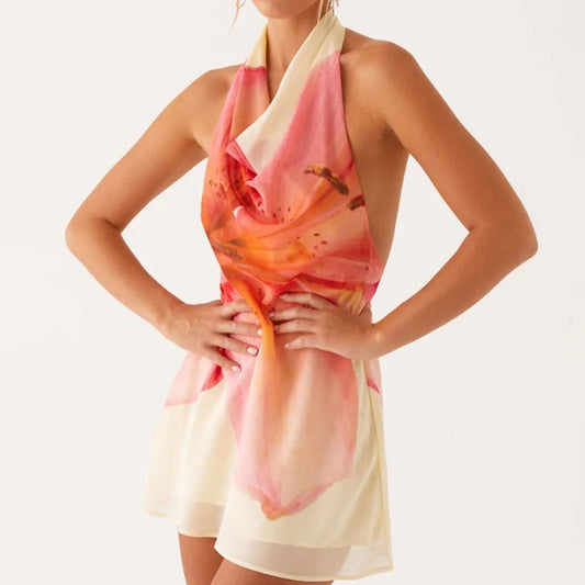 🍒Women's halter mini dress Y2k foral outfit backless short dress mesh fabric summer fashion for women party occasion wear beachwear vacation clothing Look Big Floral