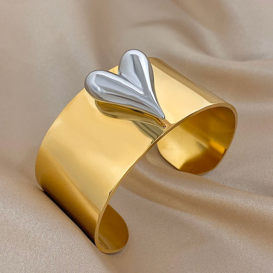 🍒Stainless steel wide bracelet women's bangle with heart gold matching ring available silver colour bracelet waterproof teen gift 316 quality fashion Jewellery smart casual Your Heart is Beating For A Love Bangle