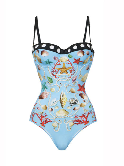 🍒One piece swim suit beach wear with coral and seashell print bikini and sarong set beach wear for women Sea Sure Set