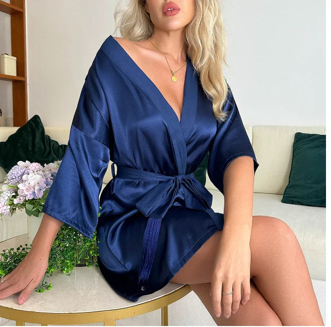🍒Womens wrap gown white wedding bride robe morning gown for ladies 3/4 sleeve sleepwear loose nightwear female silk satin kimono robe lingerie Say Good NIGHT to old GOWNS
