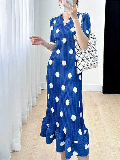 🍒Womens dresses evening summer ladies clothing with polka dots v-neck high end clothes loose pleated  Dont Delay Dart for Dots