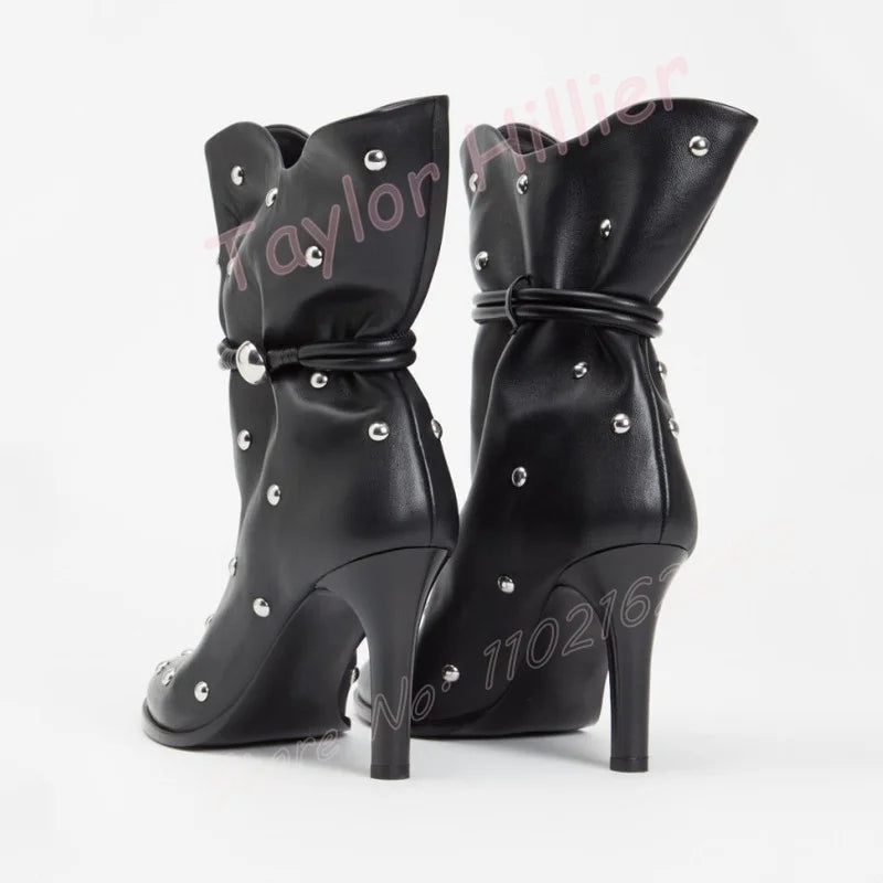 🍒black short boots women metal rivet footwear female fashion round toe stilettos high heel with side zipper big sizes You Will Be Riveted with these Rivets