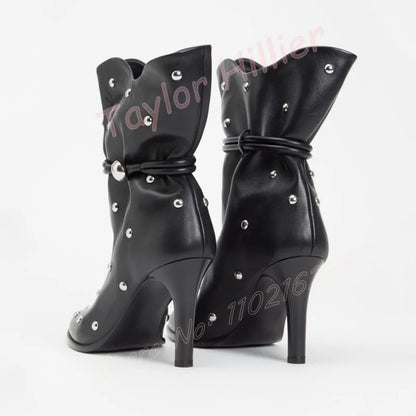 🍒black short boots women metal rivet footwear female fashion round toe stilettos high heel with side zipper big sizes You Will Be Riveted with these Rivets