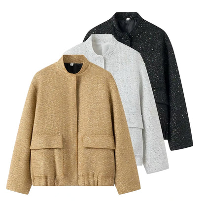 🍒Sequin bomber Jacket women Y2k gold Colour stand collar short coat long sleeve  spring fashion high Streetwear occasion wear smart casual clothing for women  Spring Into Shimmer