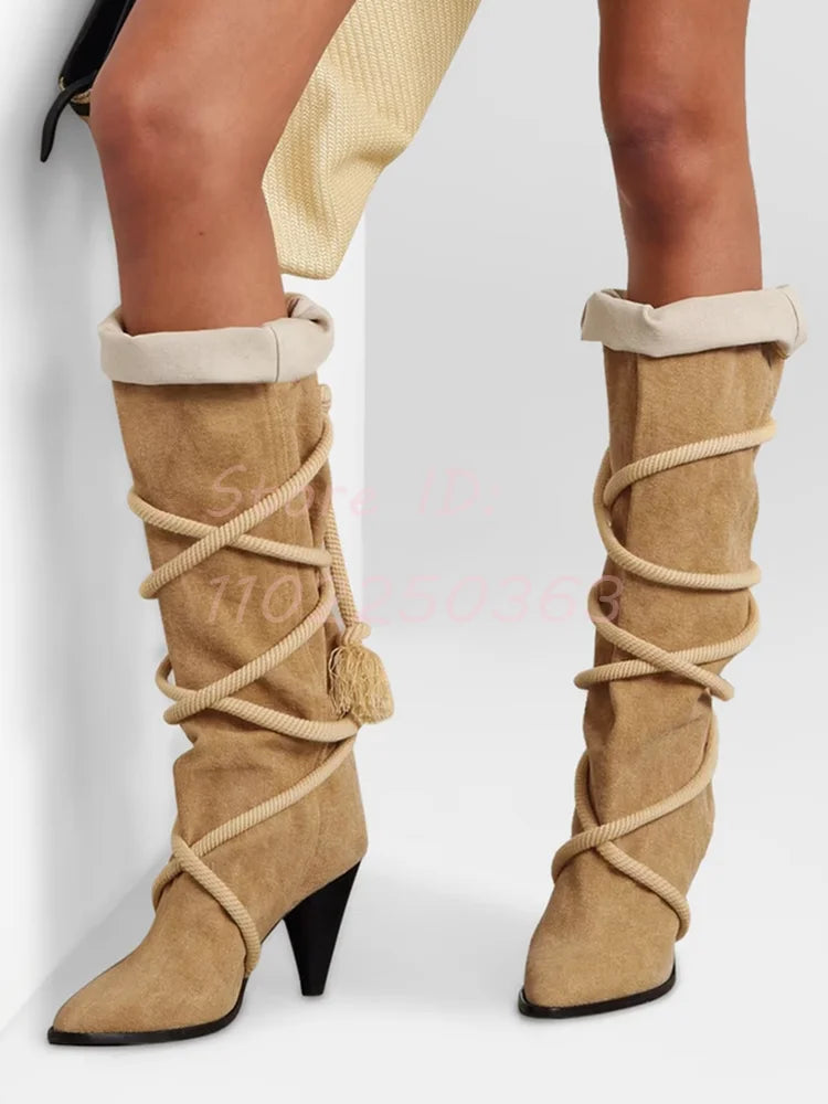 🍒Retro boots cross-tied shaped heel solid brown pointed toe shoes lace-up fringe mid-calf boots women fashion footwear Retro Roads