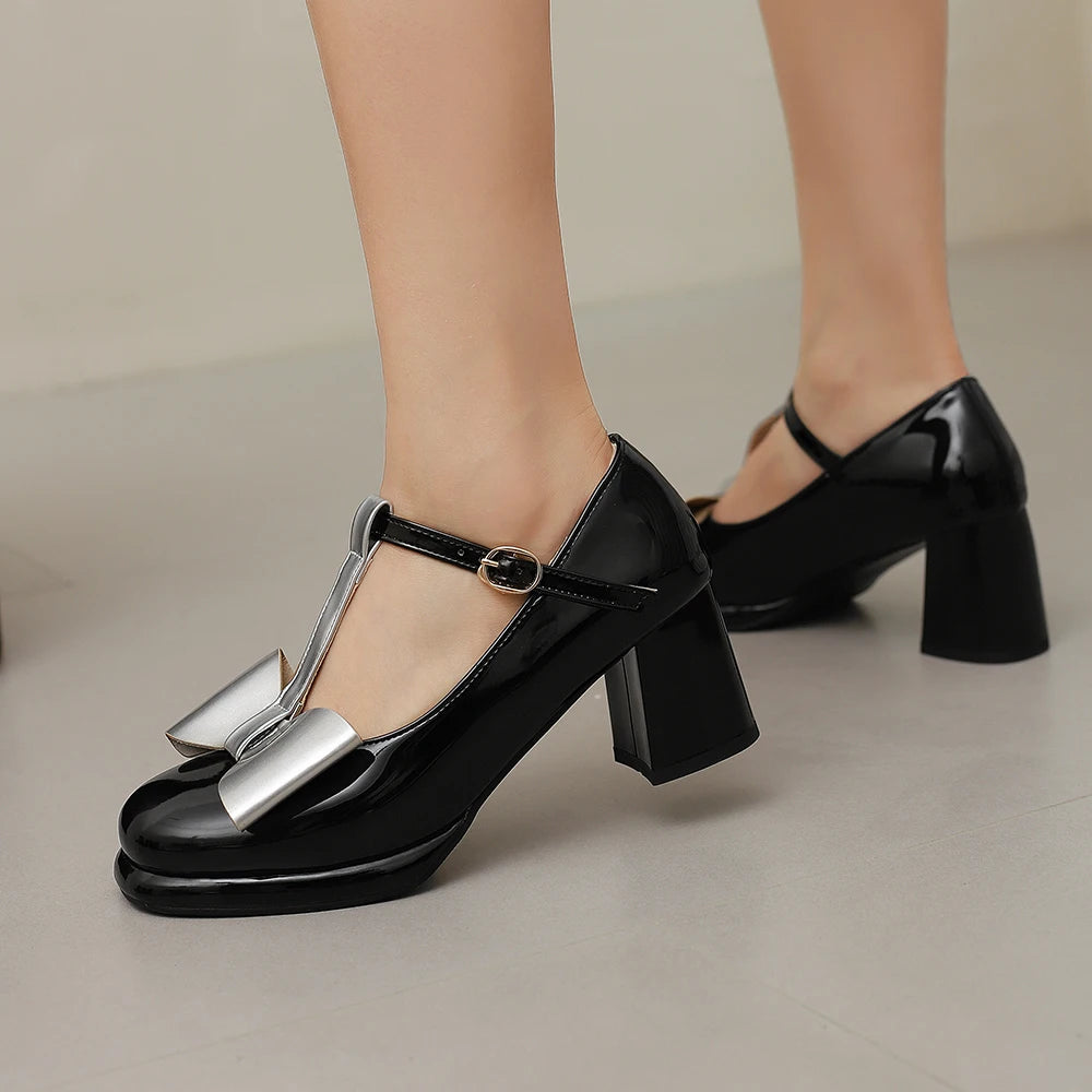 🍒T strap high heels round toe pumps women low platform shoes plus size available bow footwear for party wear wedding t-bar for special occasions Footwear With A Bow On IT
