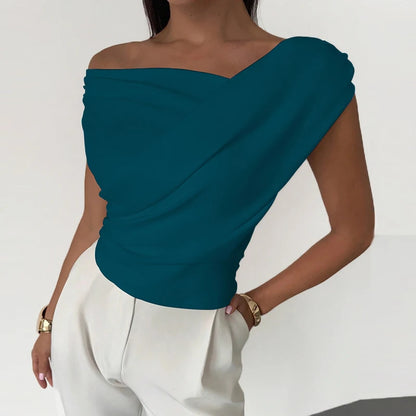 🍒Fashion office wear female slash neck top sleeveless one shoulder top for women elegant summer shirt white black off shoulder top holiday wear blouses smart casual vacation clothes Make No Mistake Close This Drape