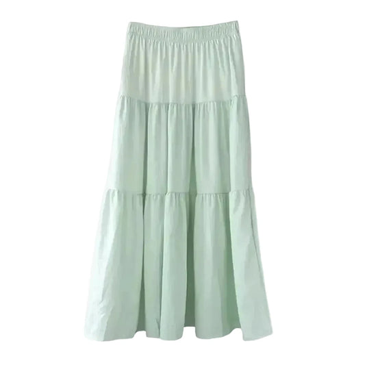 🍒High waist elastic maxi skirt long teired with ruffle stitching solid colour a-Line smart casual fashion for women clothing for all seasons A+ For This A-line