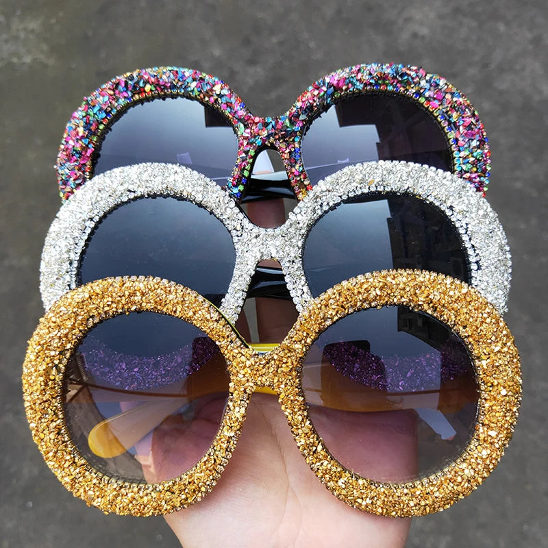 🍒Oversized round diamond sunglasses for women crystal sunnies rhinestone smart eyewear bling glasses eye glasses shades with uv400 protection Glamy Goggles