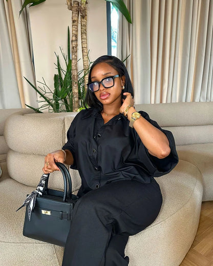 🍒Black two piece set outfit summer women half sleeve button down shirt and wide leg pants suit summer office wear party occasion wear AND drink RUM in this BLACK