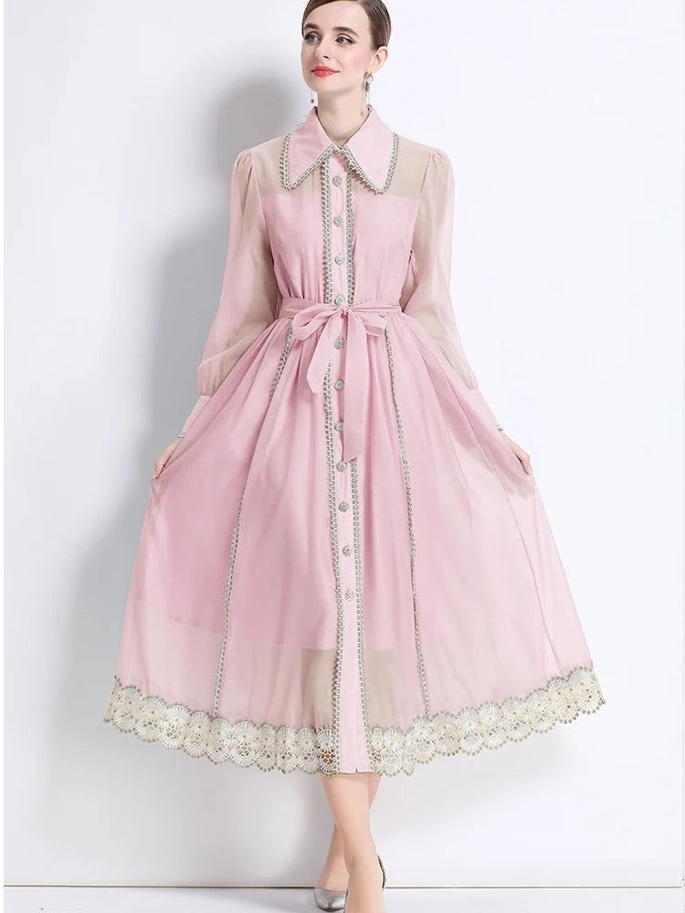 🍒Lace lapel dress single breasted shirt dress long sleeved loose outfit midi fashionable women's clothing party occasion wear Pink Up Your Pretty