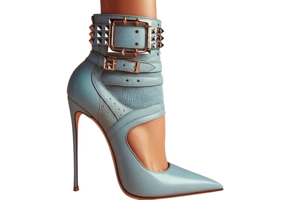 🍒Studded buckle strap cut-out sandal boot shoes womens stiletto splicing pointed toe high heels blue faux leather ankle boots lady edgy luxe footwear for occasion party Booboo Beauty Blue