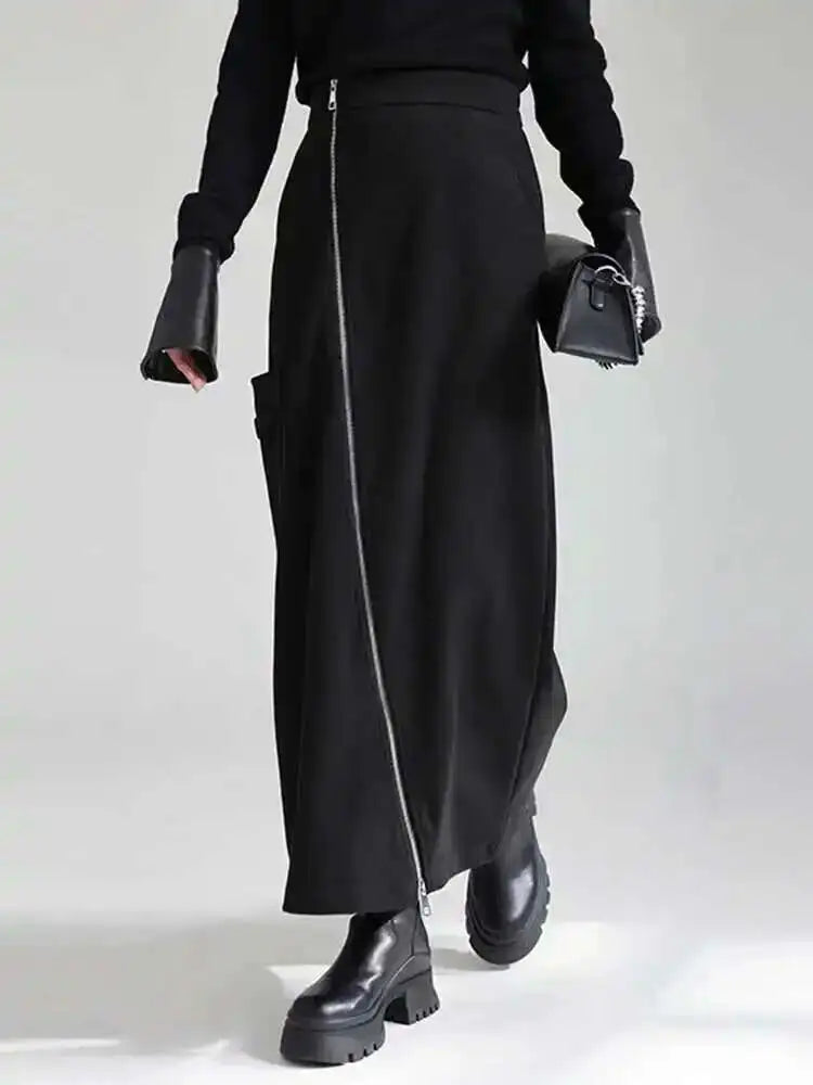 🍒High waist irregular long skirt black with slit zipper and pocket midi fashion long smart casual clothing for women party occasion wear Zip This Up And Look Lovely In Liquorise
