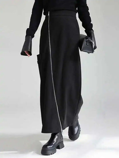 🍒High waist irregular long skirt black with slit zipper and pocket midi fashion long smart casual clothing for women party occasion wear Zip This Up And Look Lovely In Liquorise