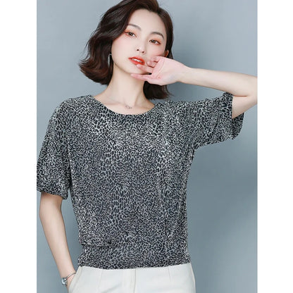 🍒Short sleeve womens blouses o-neck shirt smart casual women leopard print party top with elasticated waist office shirts Simple Vintage style clothing Simple Style Statement
