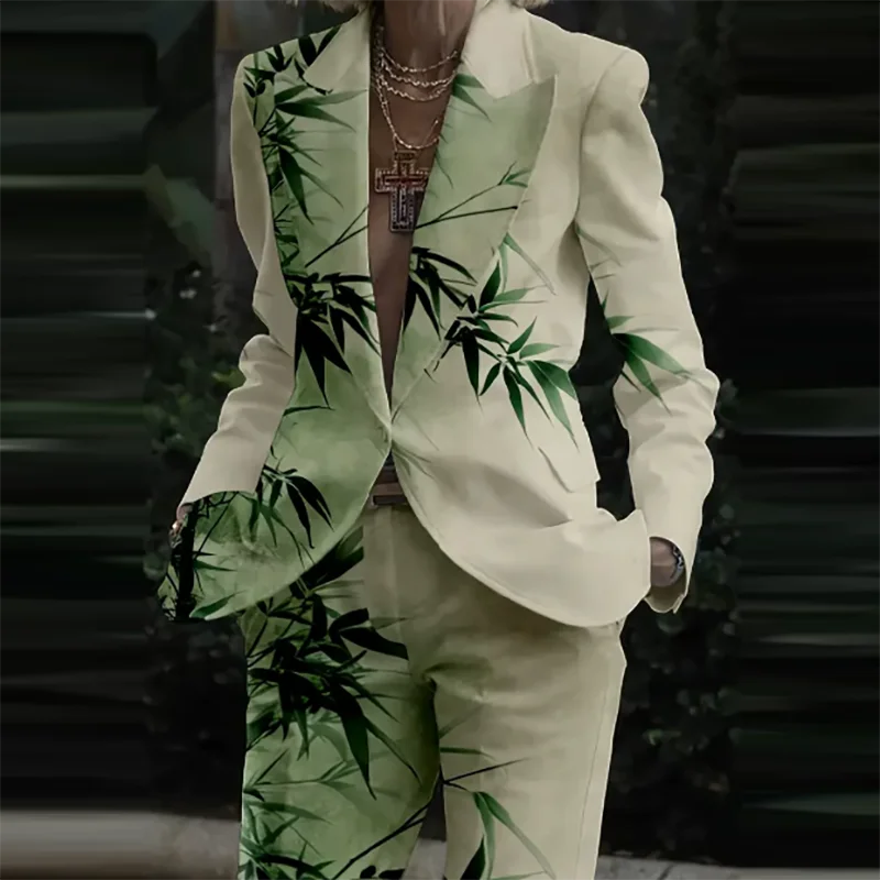 🍒Womens casual suits two piece loose pants set womens lapel long sleeve jacket and trouser set floral fashion pattern print outfit  Look Like Your On A Shoot In A Fruity Suit