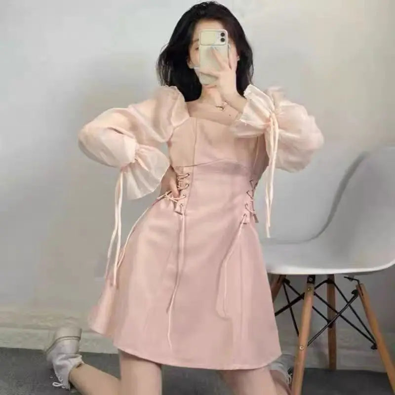 🍒Pink dresses women spring summer sweet heart neckline outfit a-line mini dress with puff sleeves lace up draw string sides waist feminine fashion A- Pretty Pink