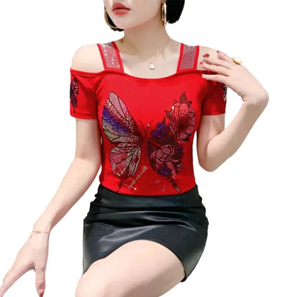 🍒Streetwear chic Heart Shaped top diamond t-shirt off shoulder black tee women summer short sleeve mesh tops SEQ And w 'UIN This Heart