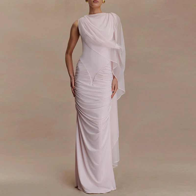 🍒Mesh draped dress solid color outfits o/neck high waist chiffon evening gowns occasion wear maxi shawl dress  Rome-mantic