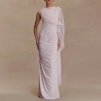 🍒Mesh draped dress solid color outfits o/neck high waist chiffon evening gowns occasion wear maxi shawl dress  Rome-mantic