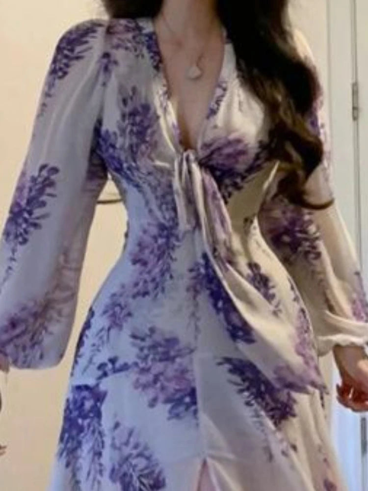 🍒Floral print sweet dresses Y2k aesthetic v-neck bodycon with puff sleeves a-line dress with front slit purple