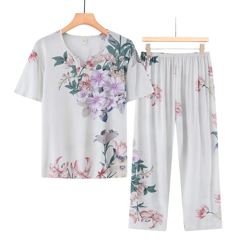 🍒Cotton rayon pajama set short sleeved top cropped and pants set two piece sleep wear for women lounge wear suit holiday clothing beach wear No Care Wear