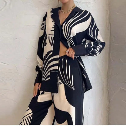 🍒Print shirt womens 2 piece sets loose long sleeve shirt and wide leg pants female suit Summer smart casual outfits ladiy Fashion occasion party wear occasion evening wear
