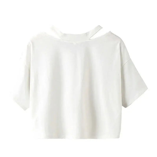 🍒Solid colour open shoulder t-shirt hollow solid colour tee v-neck women's short sleeve tops tank