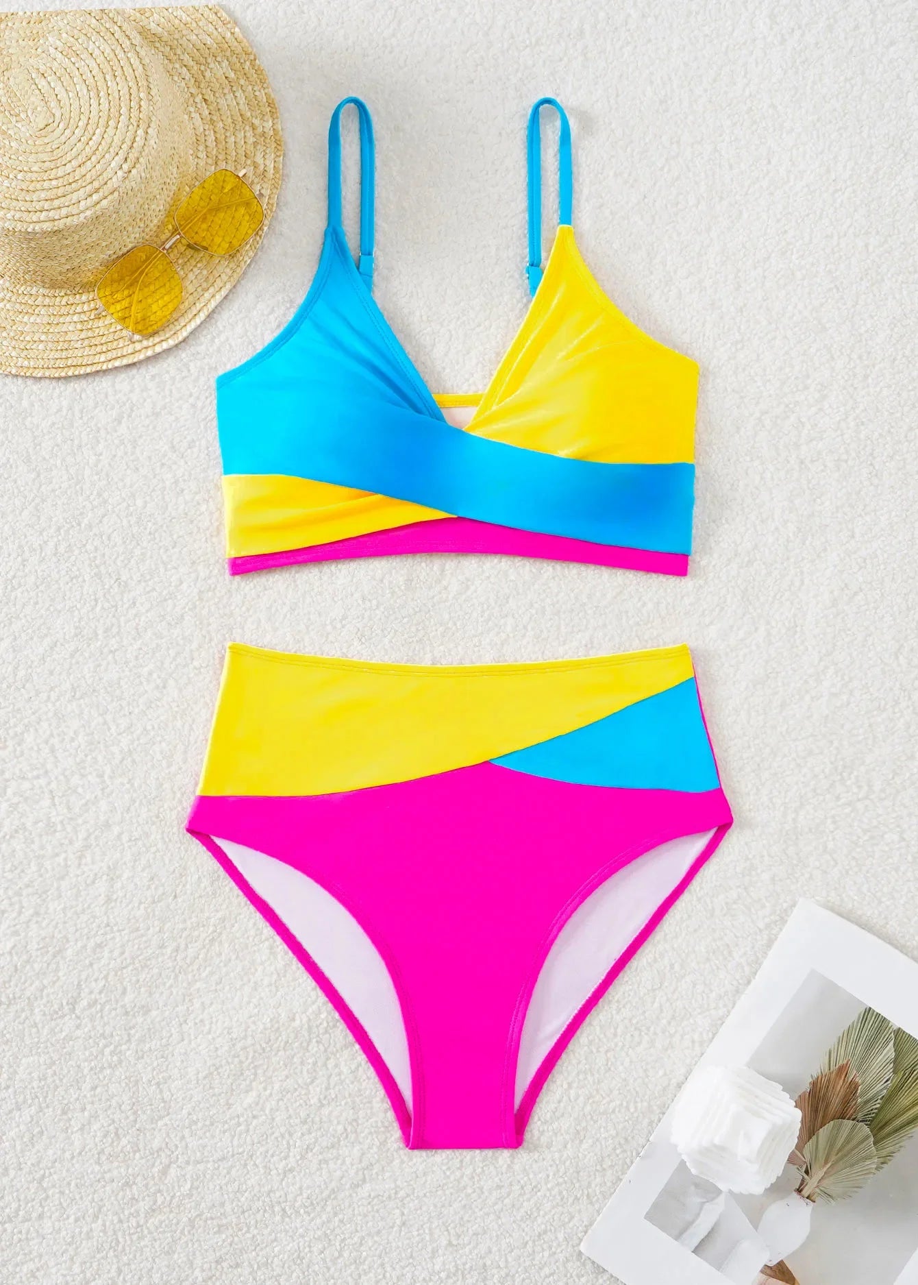 🍒Patchwork two piece swimsuit for women high waist bikini v-neck adjustable suspender type spaghetti strap backless swim set summer beach Vacation Swimwear  Drink Fruities In Your Fruity