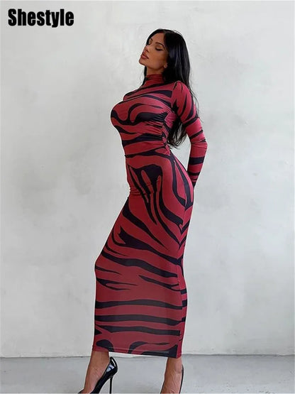 🍒Red striped long dress womens bodycon turtle neck zebra print mesh outfit clubwear party occasion wear clothing                       Catwalk Your Tiger